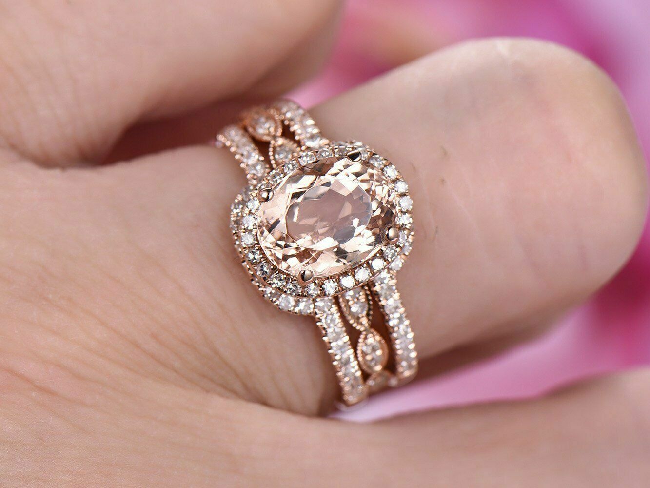 3Ct Oval Cut Morganite Halo Bridal Set Engagement Ring in 14k Rose Gold Finish
