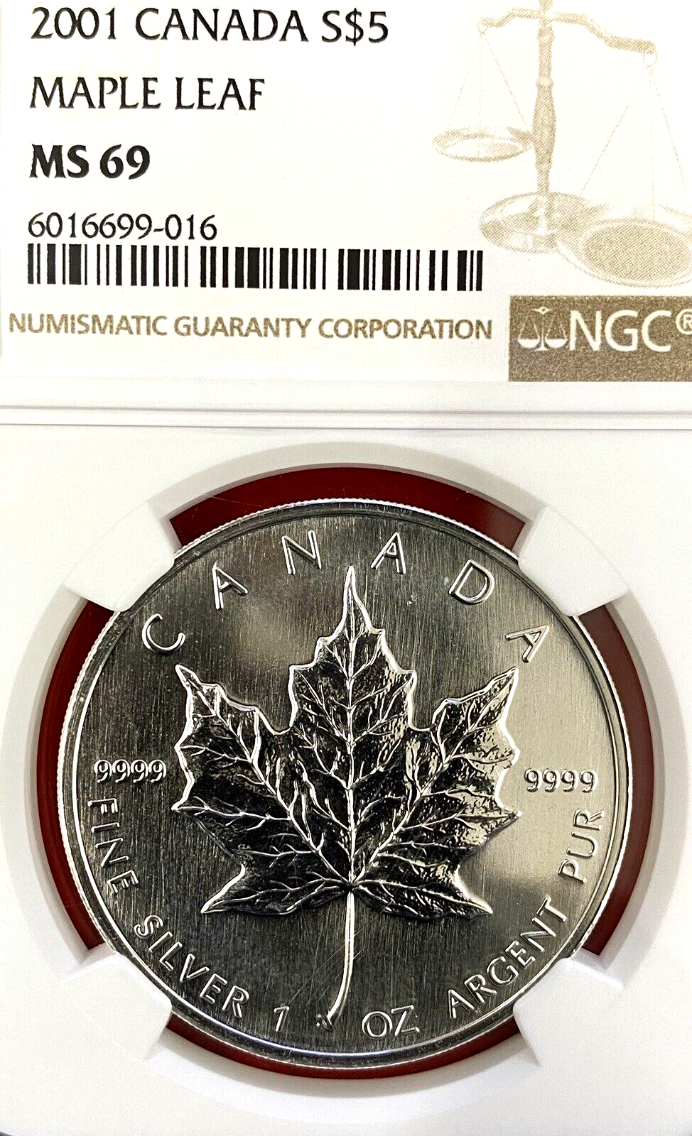 2001 $5 SILVER MAPLE LEAF NGC MS-69!