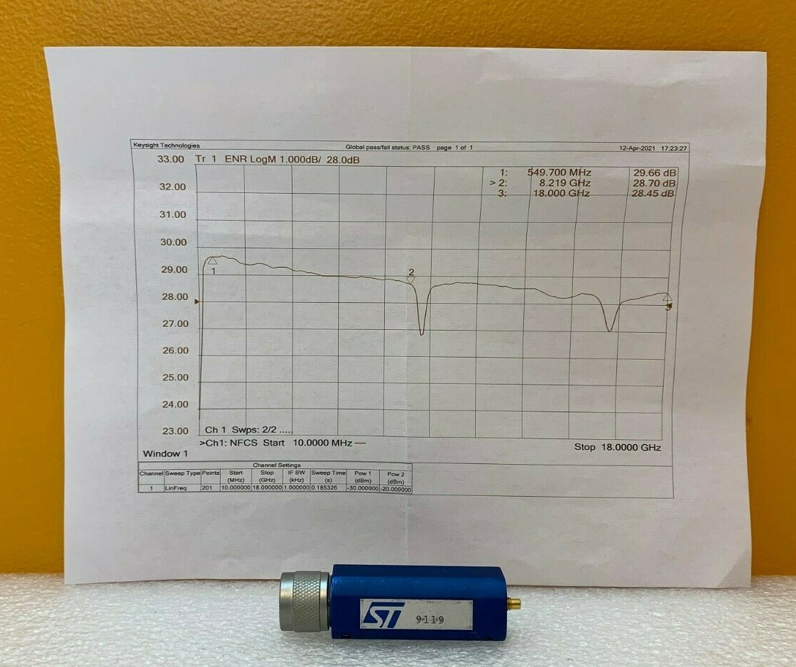 NoiseCom (ST) MC63164  0.5 to 8 GHz, 29 dB ENR, 28VDC, Noise Source. New + Data!