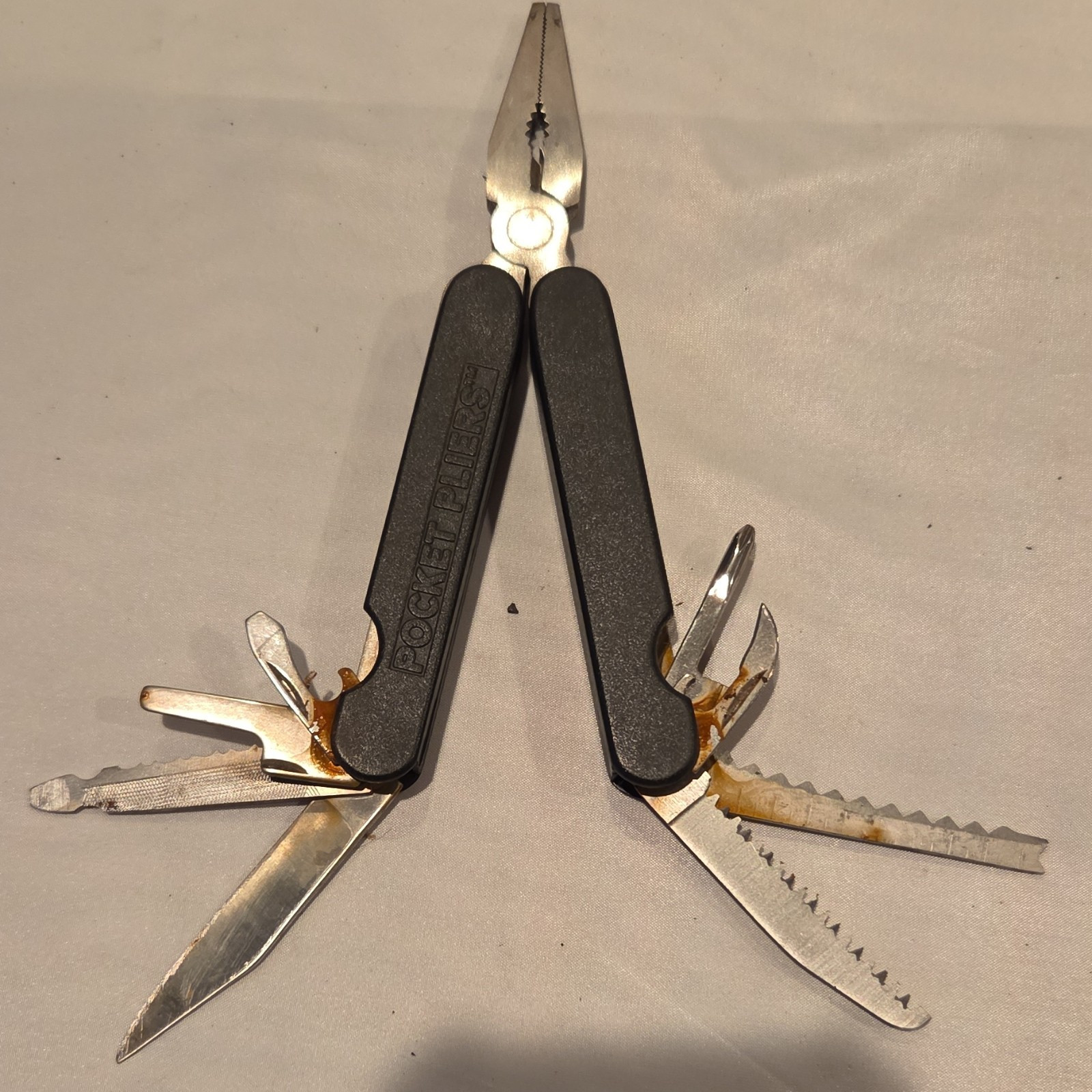Pocket Pliers Multi-Tool Black Plastic Handle with Metal Blades and Tools