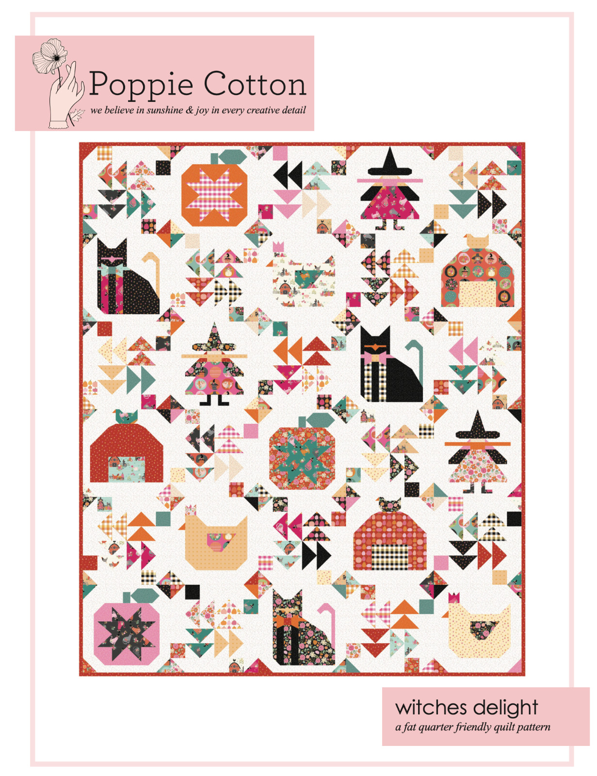 Witches Delight ~ Poppie Cotton Quilt Pattern ~ Halloween cats chickens pieced