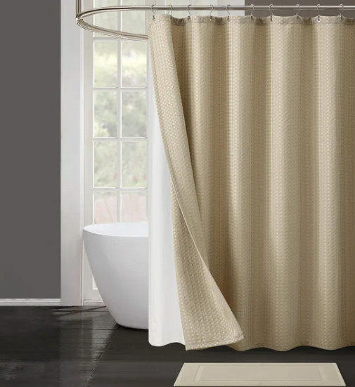 4 Pc Bath Set - Curtain, Liner, Hooks, And Bath Mat - Taupe