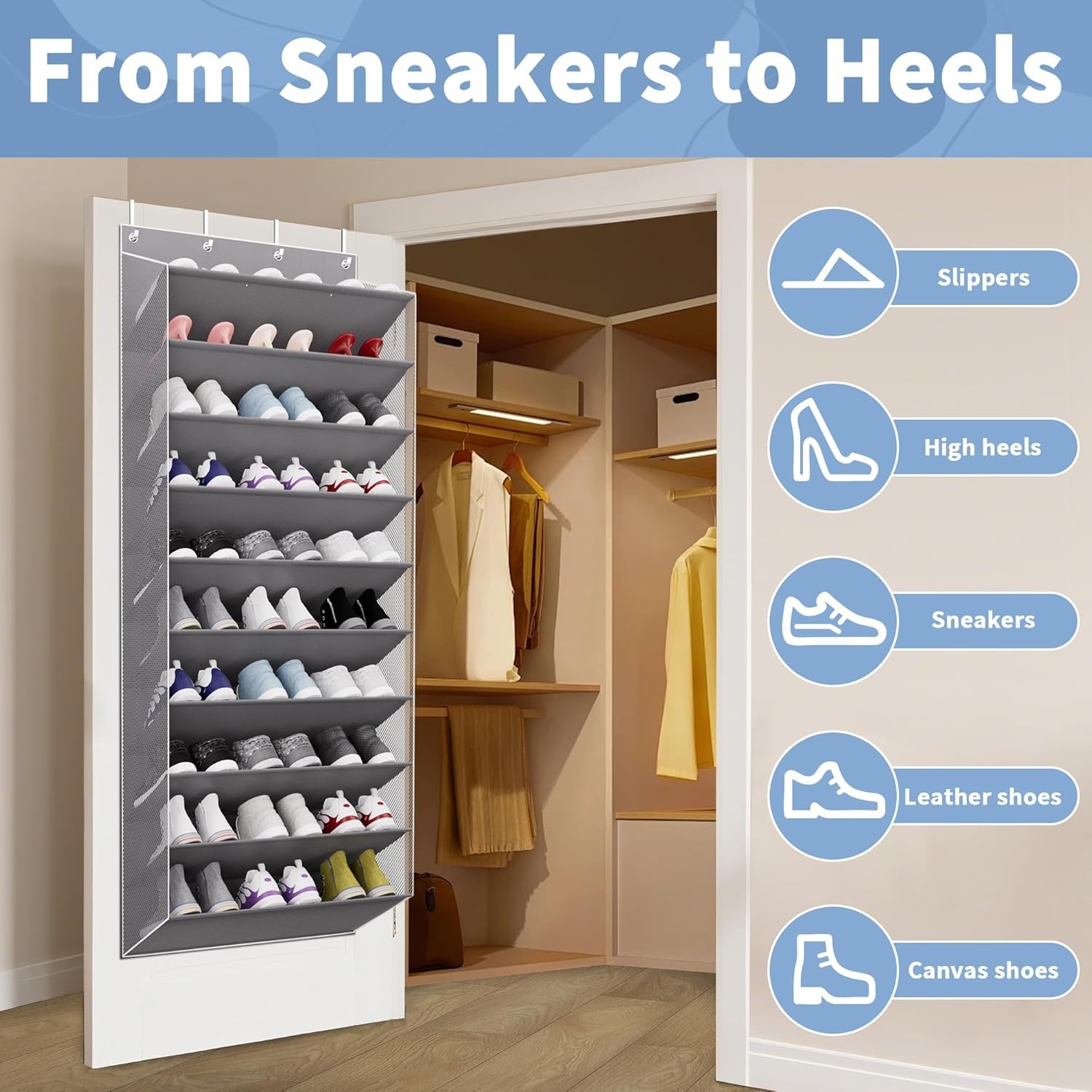 30 Pairs Over The Door Shoe Organizer, 10-Tier Hanging Shoe Rack with Deep Pocke