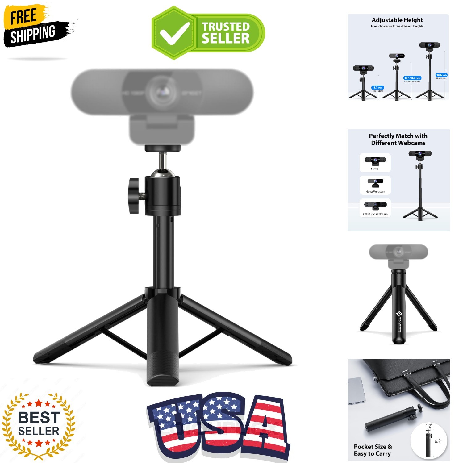 Webcam Tripod, Professional Webcam Mini Tripod, Adjustable Heights with 360° ...
