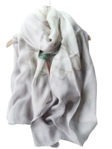 100% Silk 70x53" large Scarf Women shawl Wrap neckerchief floral gray JH8-13