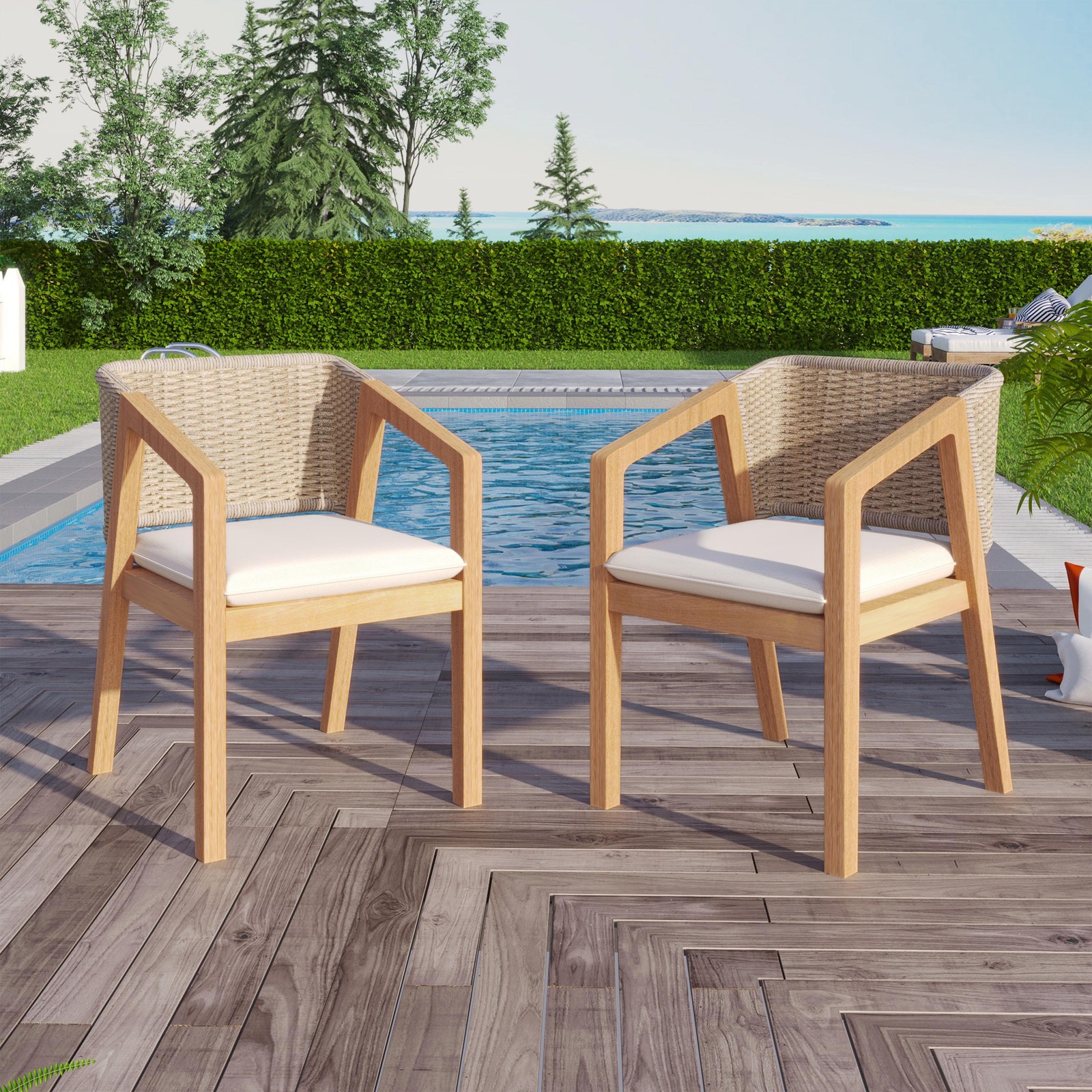 Outdoor Wood Dining Chair Set of 2 with Soft Cushion For Patio