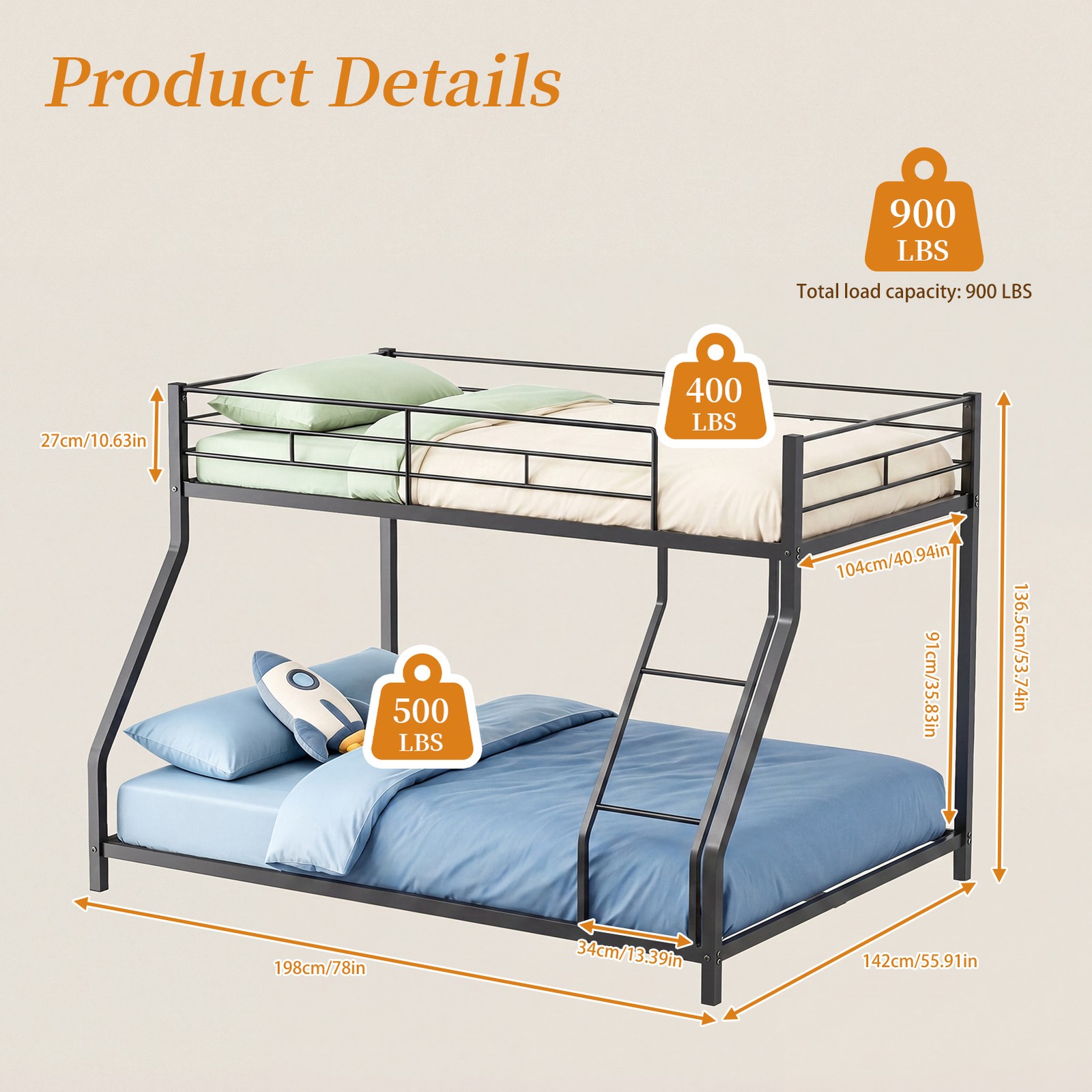 Bunk Bed Twin Over Full Twin Over Full Metal Bunk Bed Safe Guardrail Silent Slee