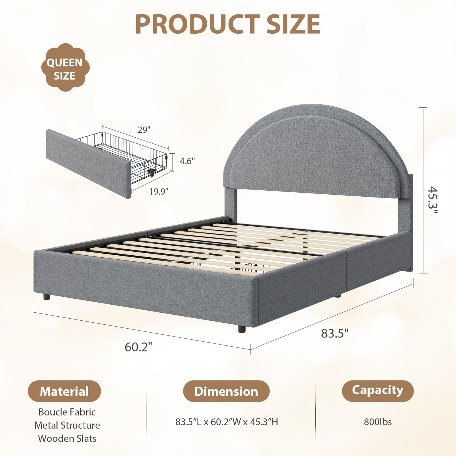 Queen Size Bed Frame ,Upholstered Platform Bed with Headboard & 2 Drawers ,Gray