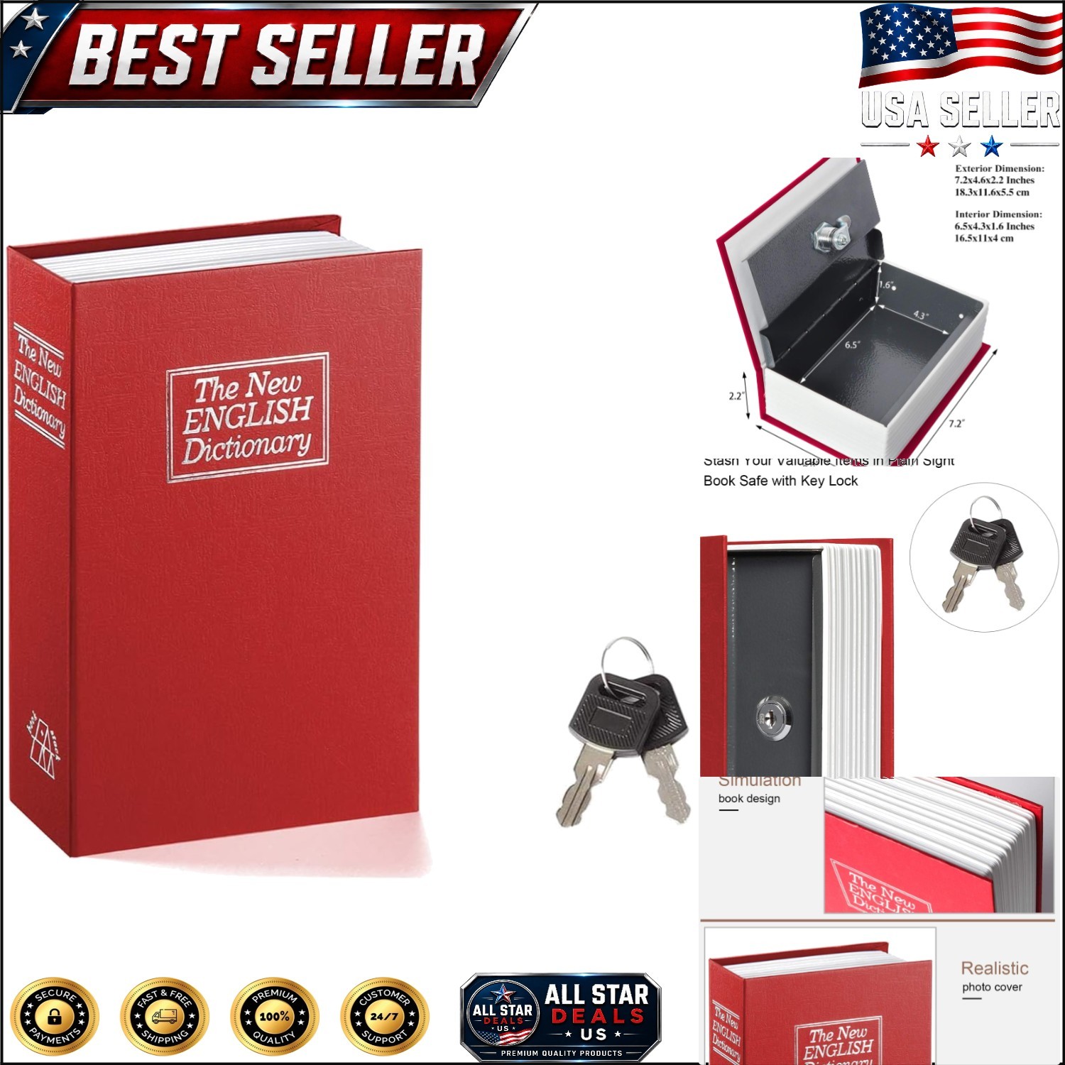 Small Red Book Safe with Key Lock for Secure Hidden Storage, 7.2x4.6x2.2in