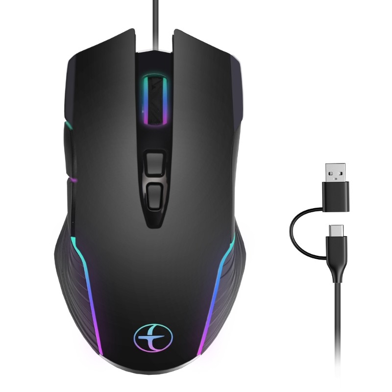 Ergonomic Corded Opticaled Mouse USB C A Color Lighting Computer Jiggler 7200DPI