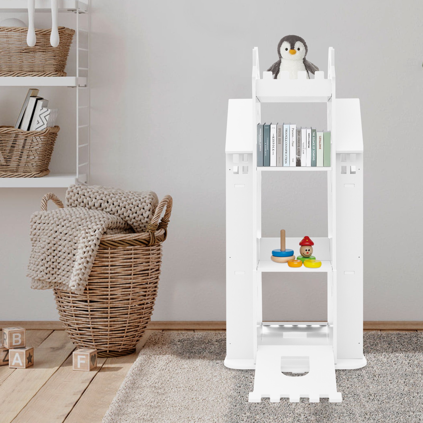 White Rotating Bookcase Kids Room Bookshelf Study Room Storage Display Shelf