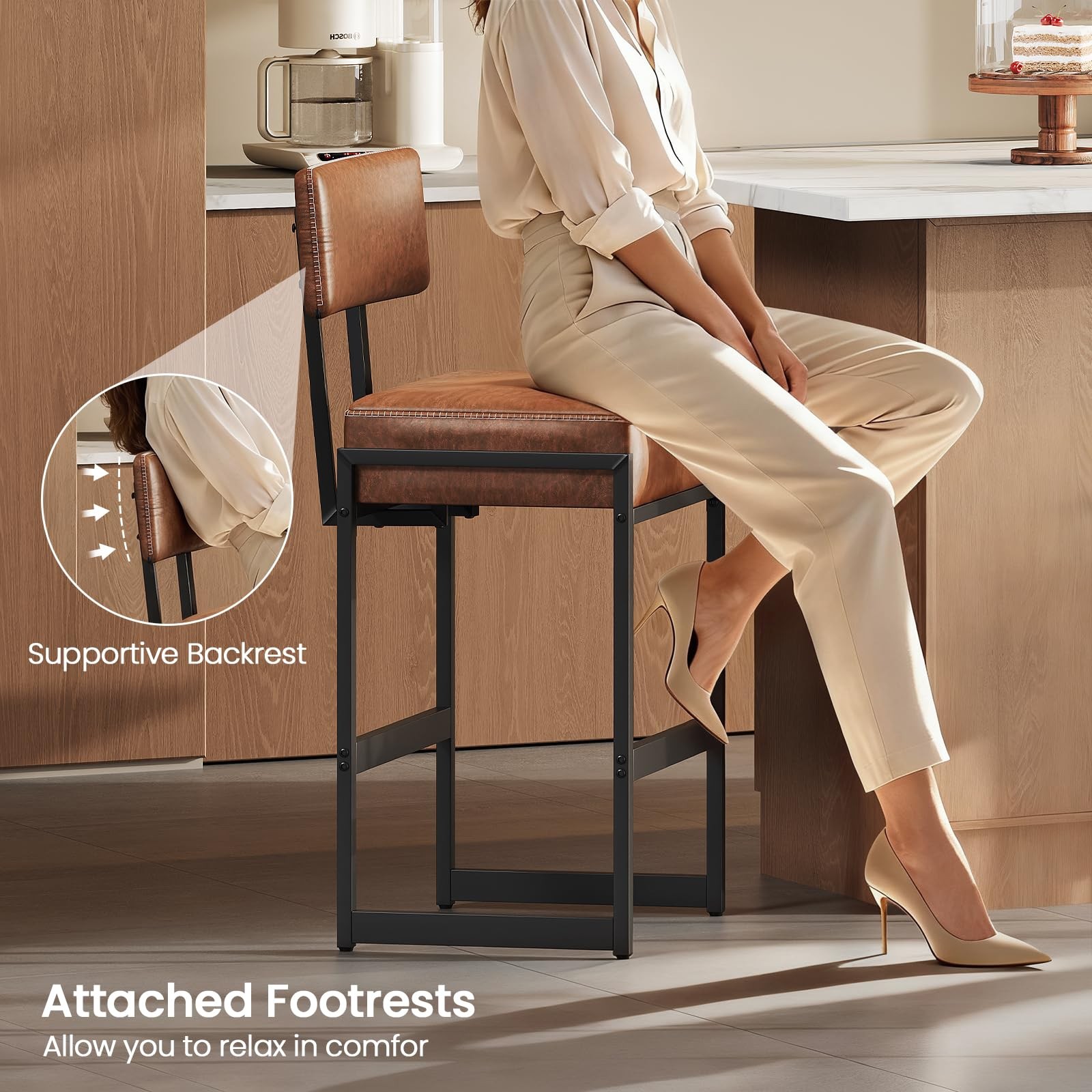 Bar Stool, Counter Height Bar Stools, Synthetic Leather with Stitching, Mid-C...