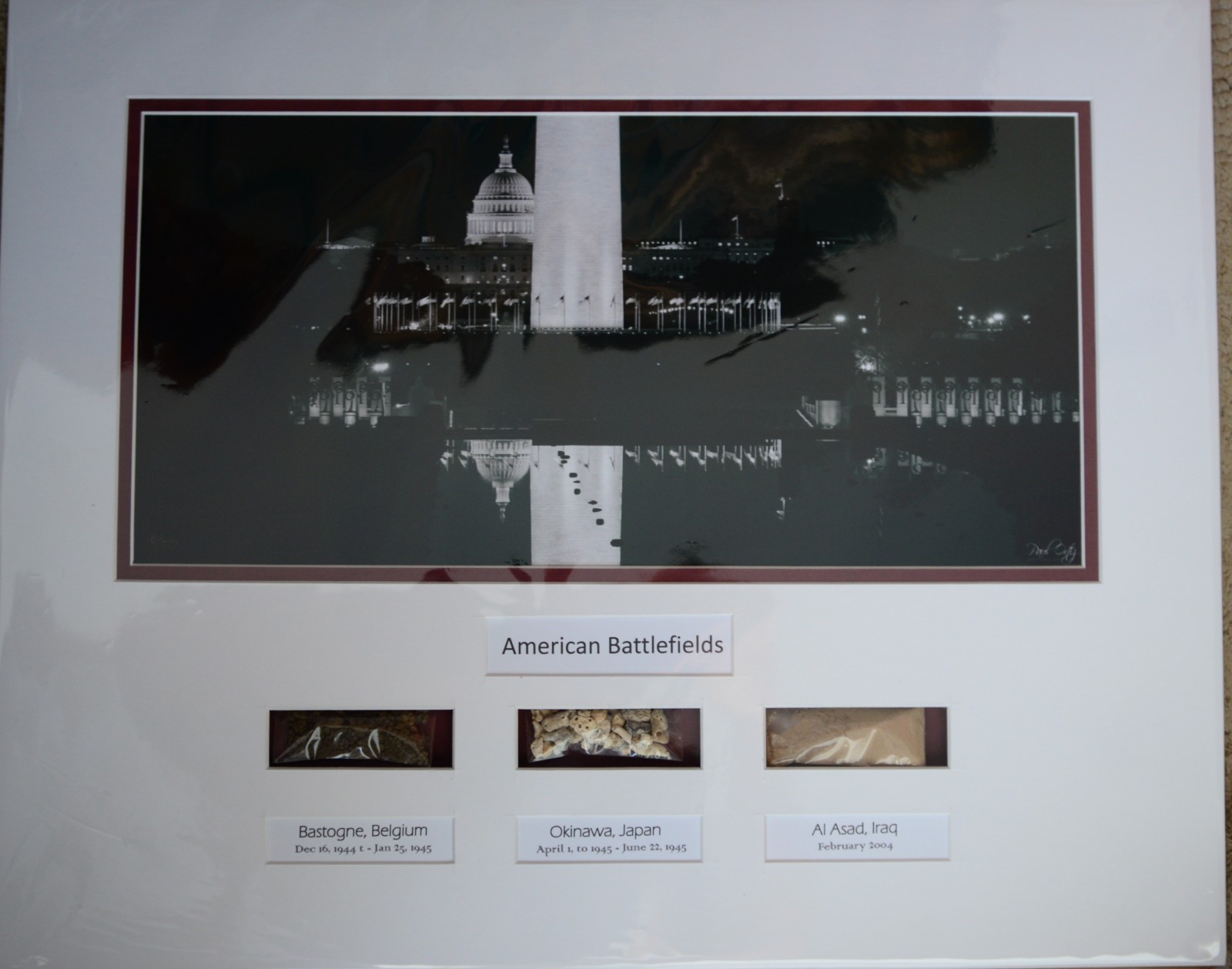 Bastogne, Okinawa & Iraq Sand/Dirt w/16x20 Wash DC Memorial Photo-mat  NEW/ COA
