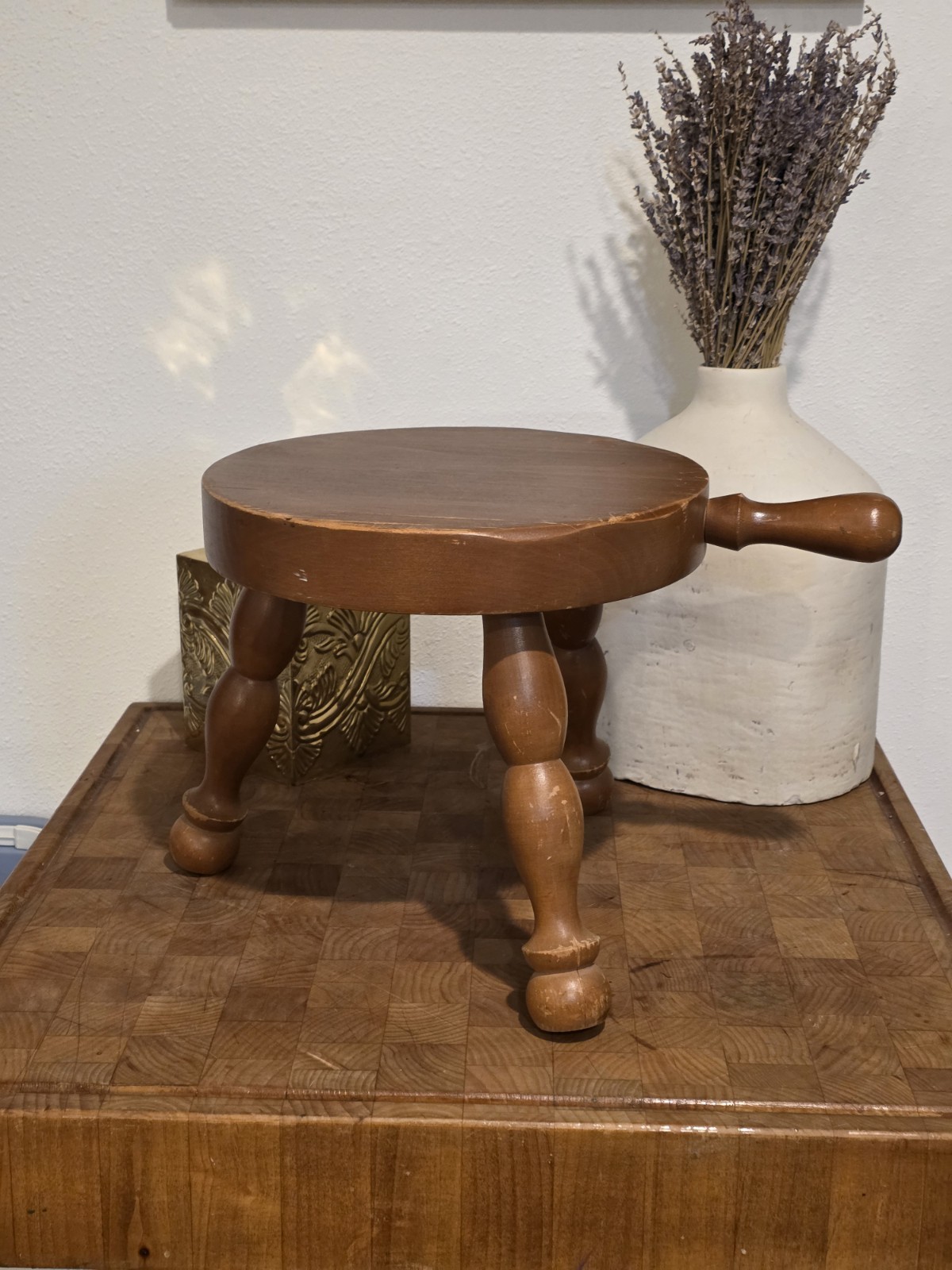 Wooden Milking Stool w/Handle 3 Three-Legged Round Seat Shows Wear