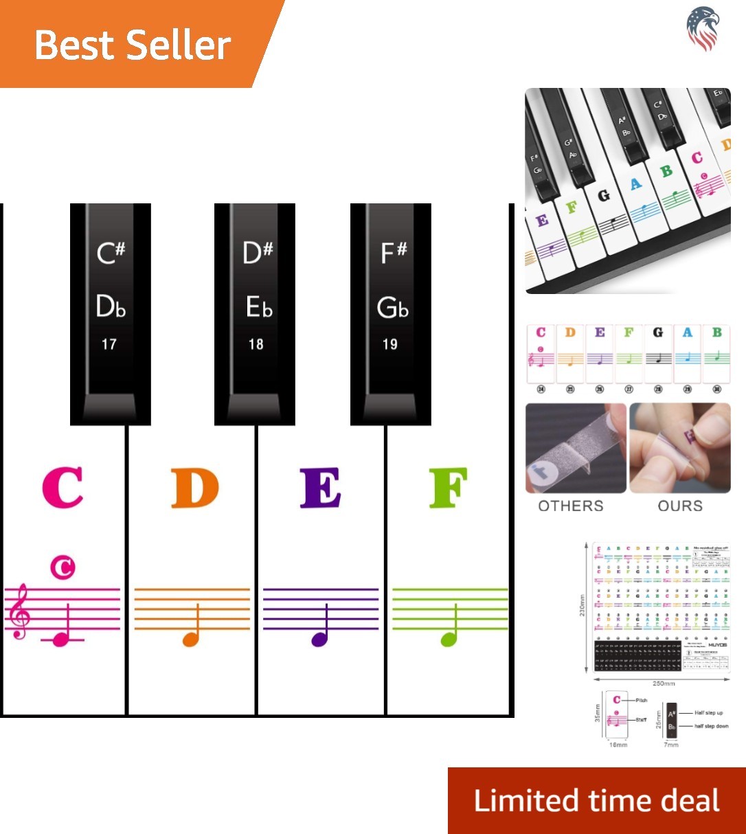 Removable Silicone Piano Keyboard Stickers 88-Key Reusable Note Labels Full Size