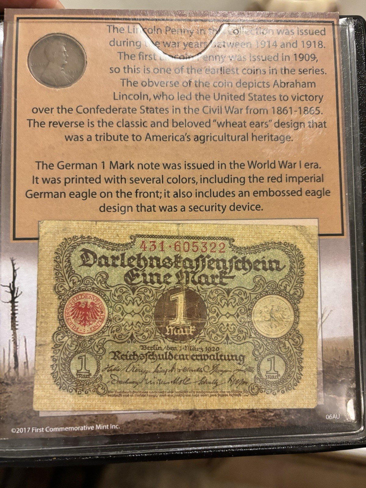 German 1 Mark Note Issued WW1/LINCOLN Penny 1917 War Money