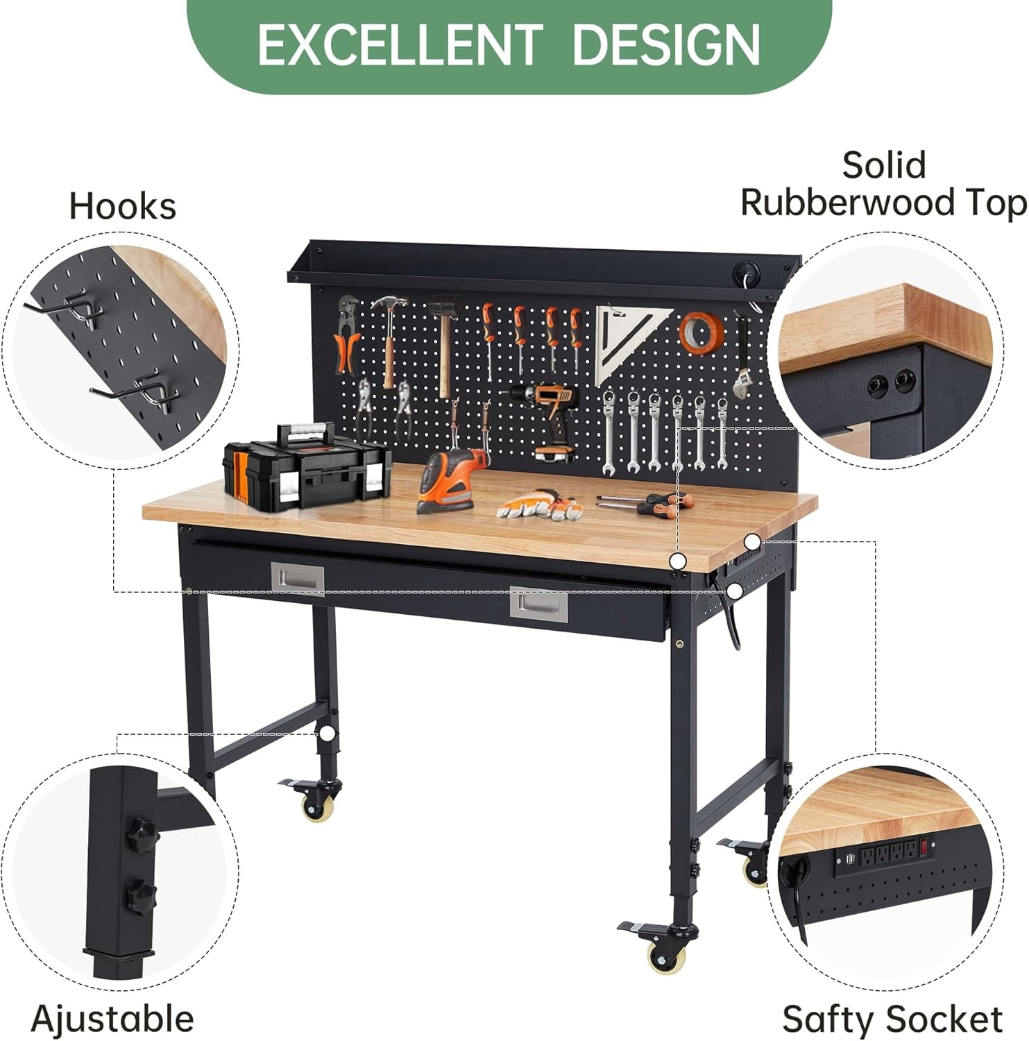 48"Garage Workbench|Pegboard,Drawers,Power Outlet|Tool Bench&Wheels for Workshop