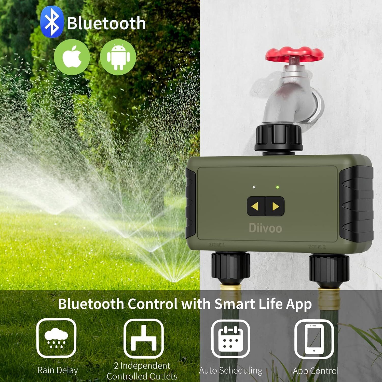 Sprinkler Timer 2Zone Bluetooth Water Timer for Garden Hose Outdoor Programmable