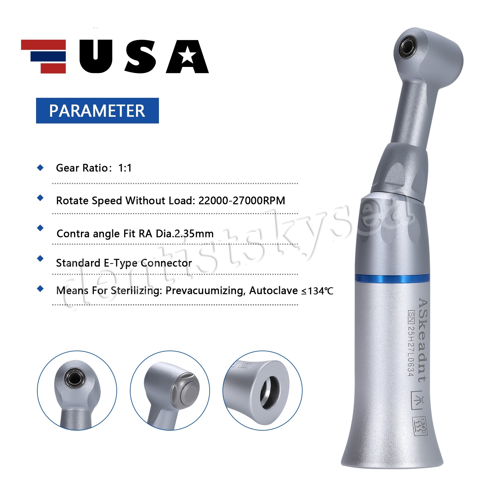 3Pcs Dental 1:1 Low Slow Speed Push Button Contra Angle Handpiece E-type AS