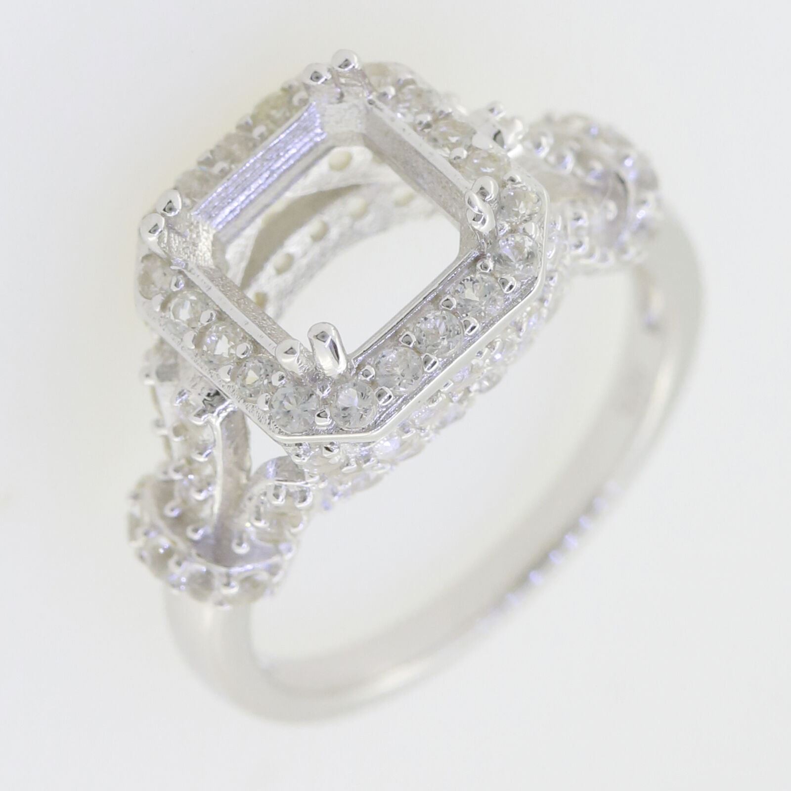 Sterling Silver Semi Mount Ring Setting Asscher SQ 8x8mm Halo Engagement Ring