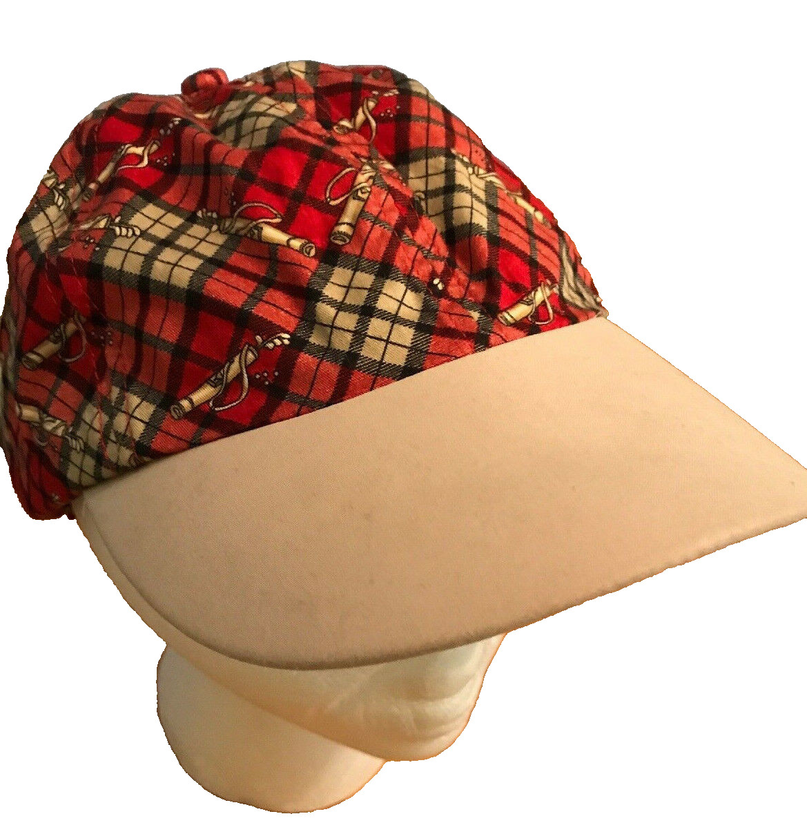 Golf Golfer Cap Hat Visor Lightweight Red Plaid Fabric Beige Bill OS Villager