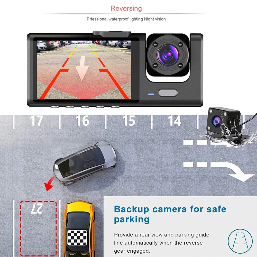 HD 1080P 3 Lens Car Dash Cam Video Recorder With G-sensor Front & Rear Camera