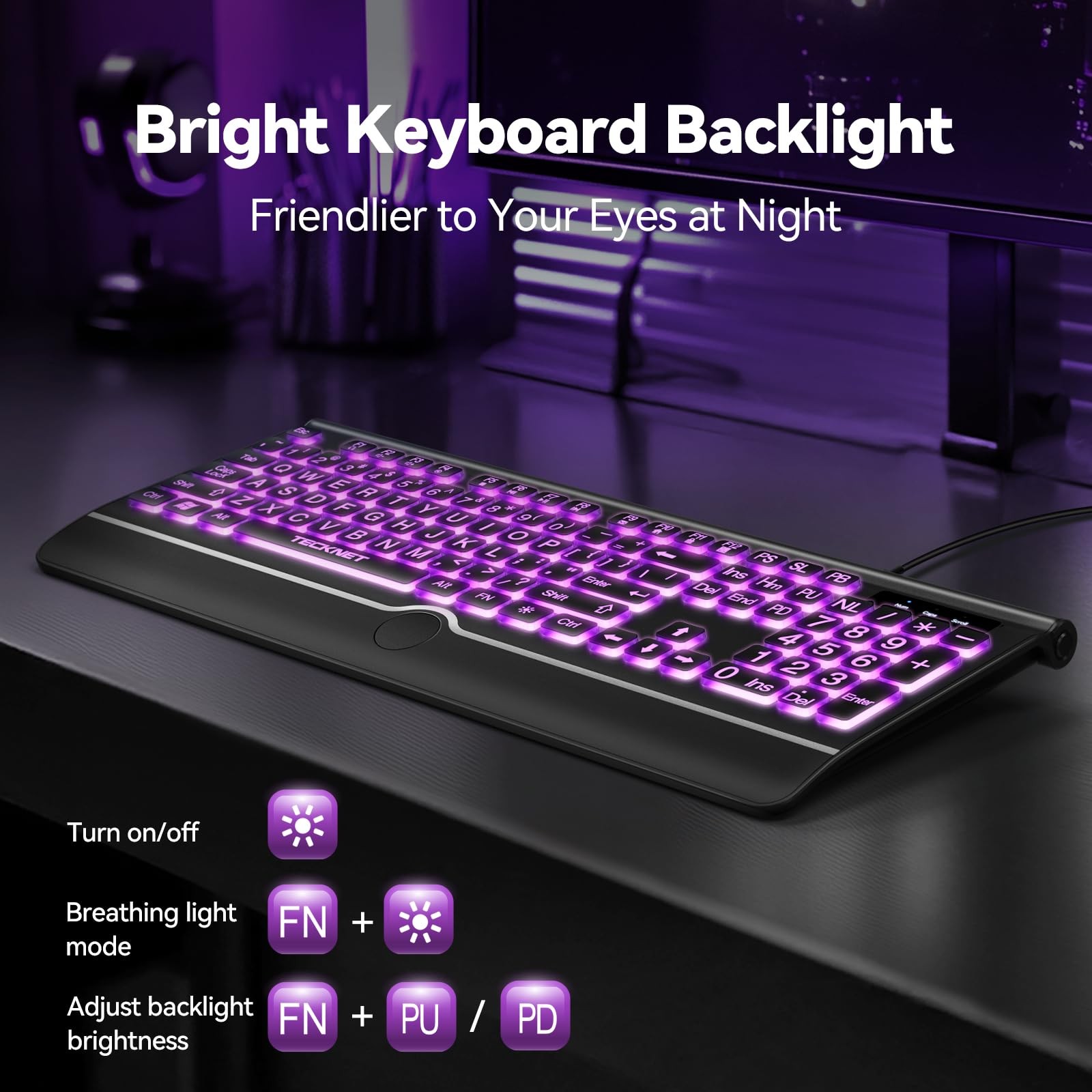 TECKNET Large Print Backlit Keyboard, Wired USB-A Computer Keyboard with Wris...