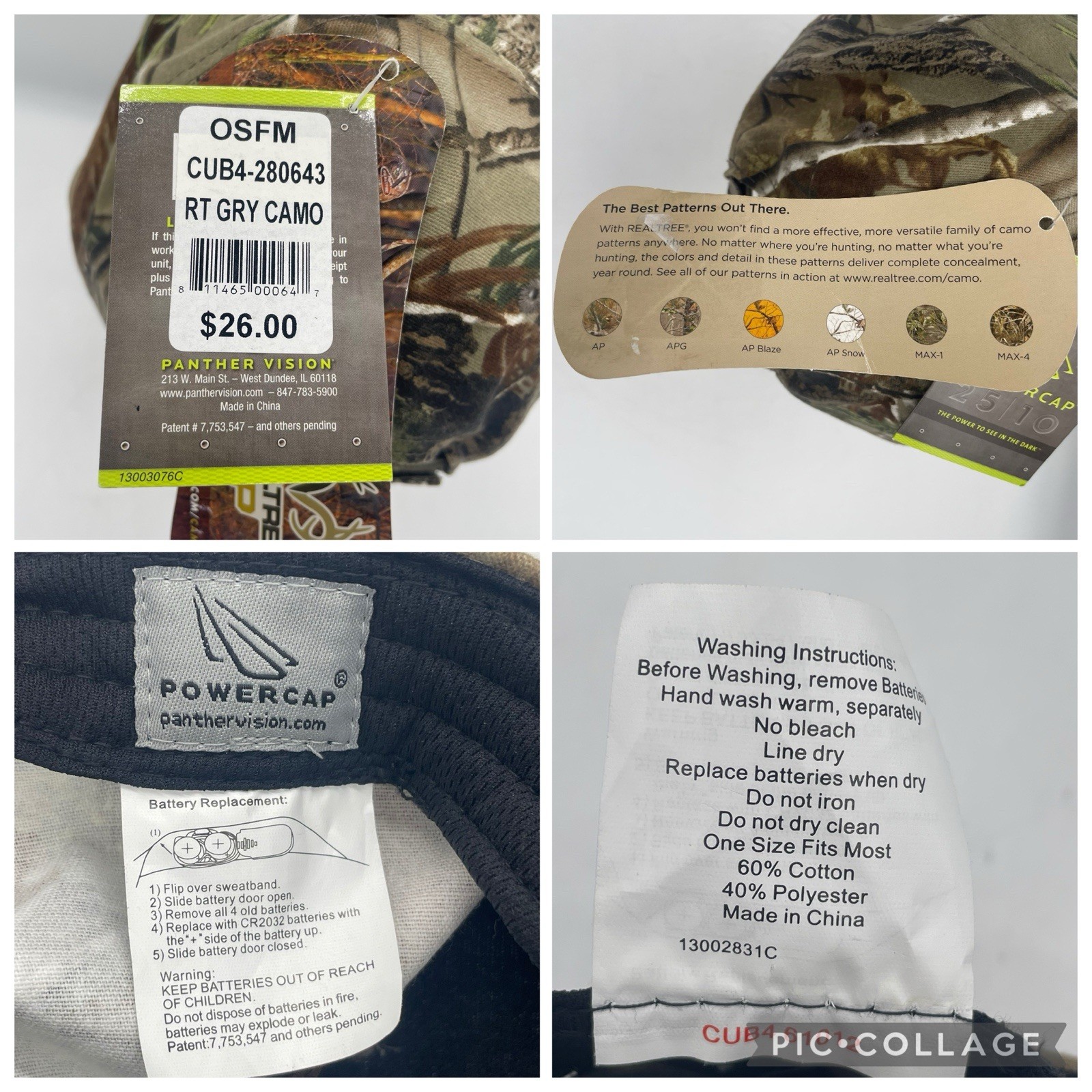 Panther Vision Powercap Realtree Camo Cap Hat 2 LED Lights Adjustable Lamp 2510