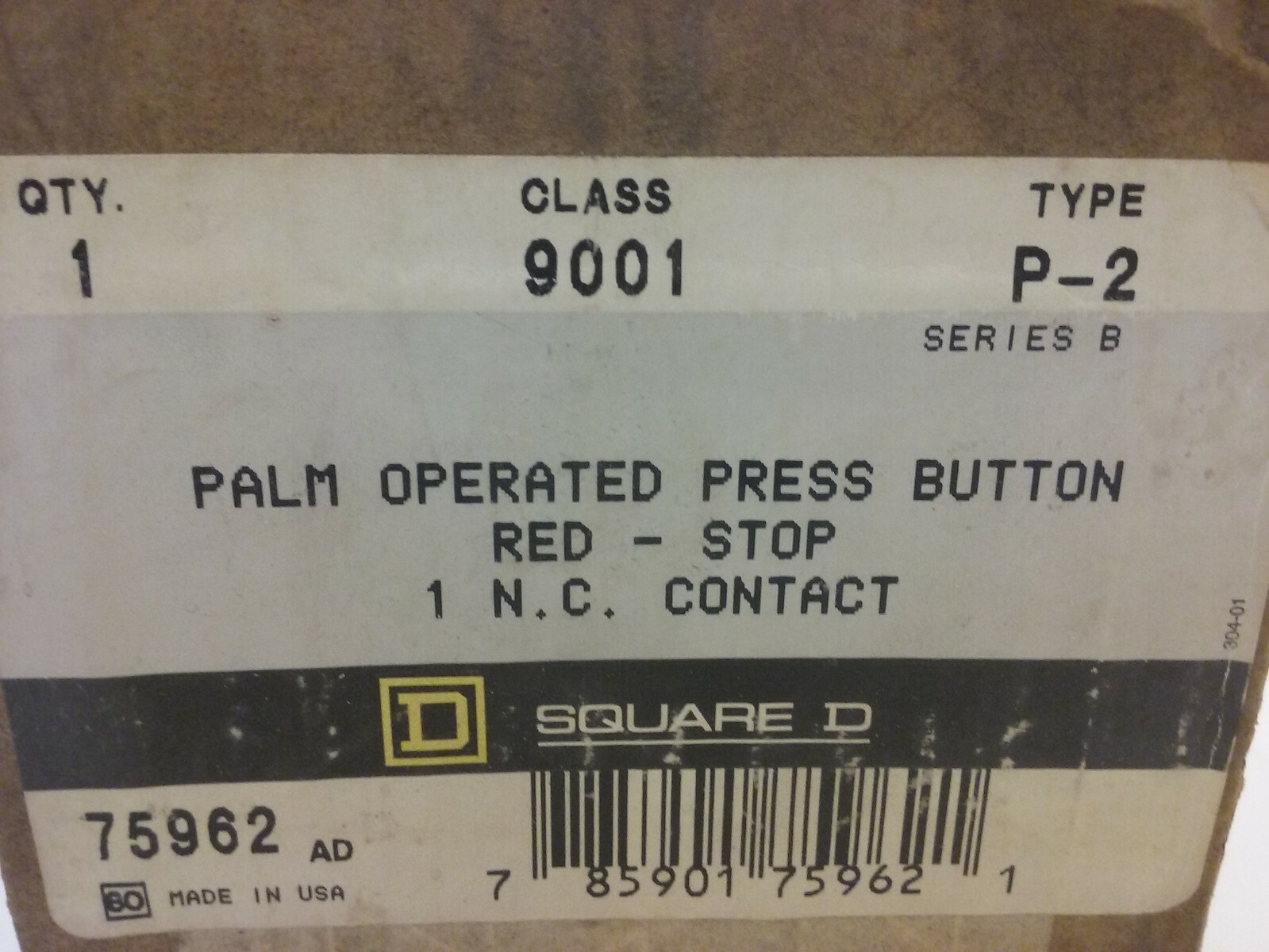 SQUARE D 9001 P-2 PUSH BUTTON CONTROL STATION SWITCH RED-STOP SERIES B NIB