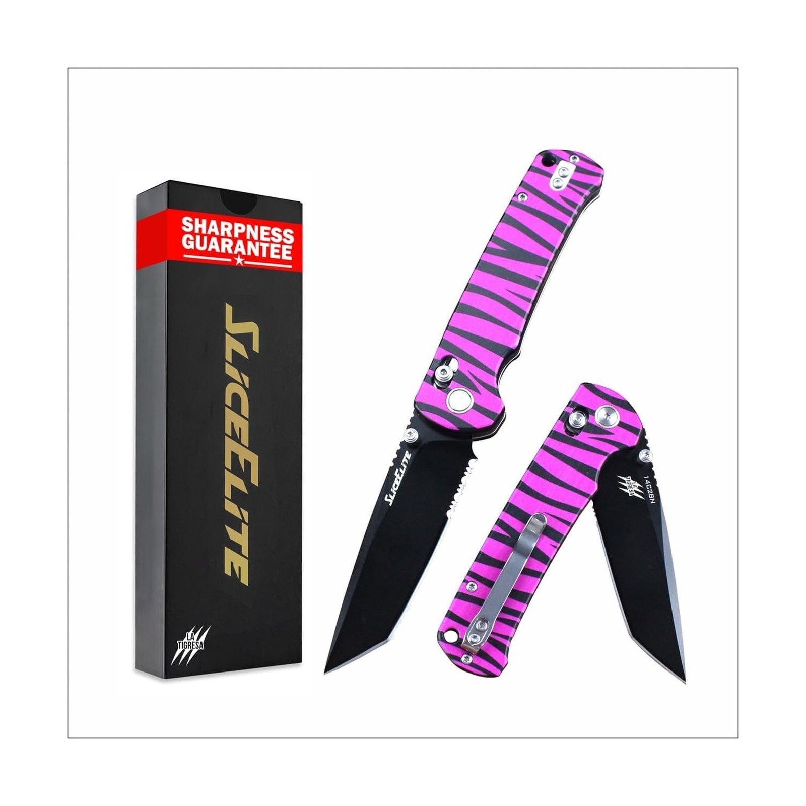 SliceElite La Tigresa EDC Pocket Knife 14C28N Stainless Tanto Serrated Blade ...