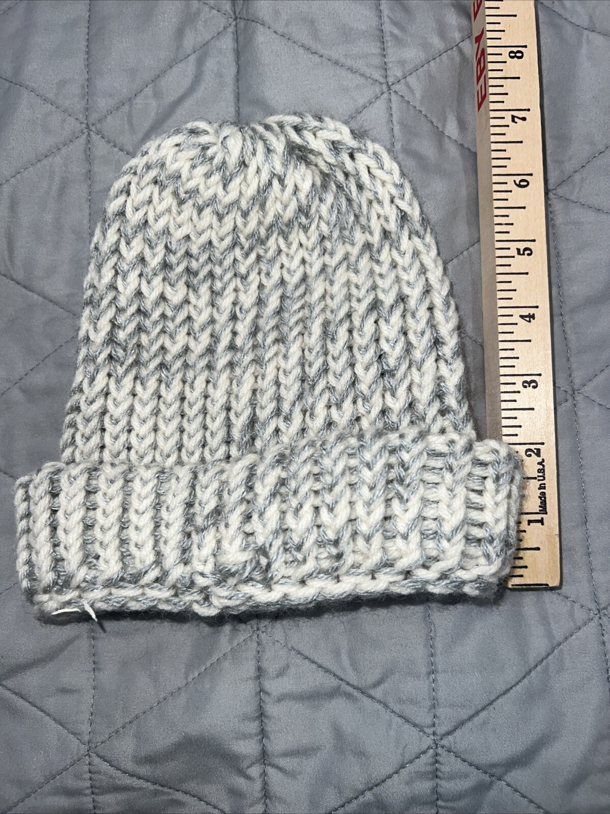 Gray and White Handmade knitted Beanie Hat Very Small Size. EUC