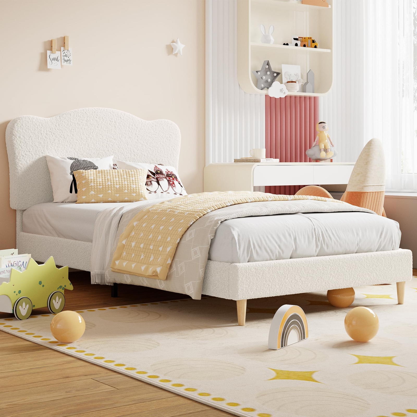 Twin Size Bed Frame Upholstered Kids Bed Frame w/Headboard ,Sturdy Platform Bed