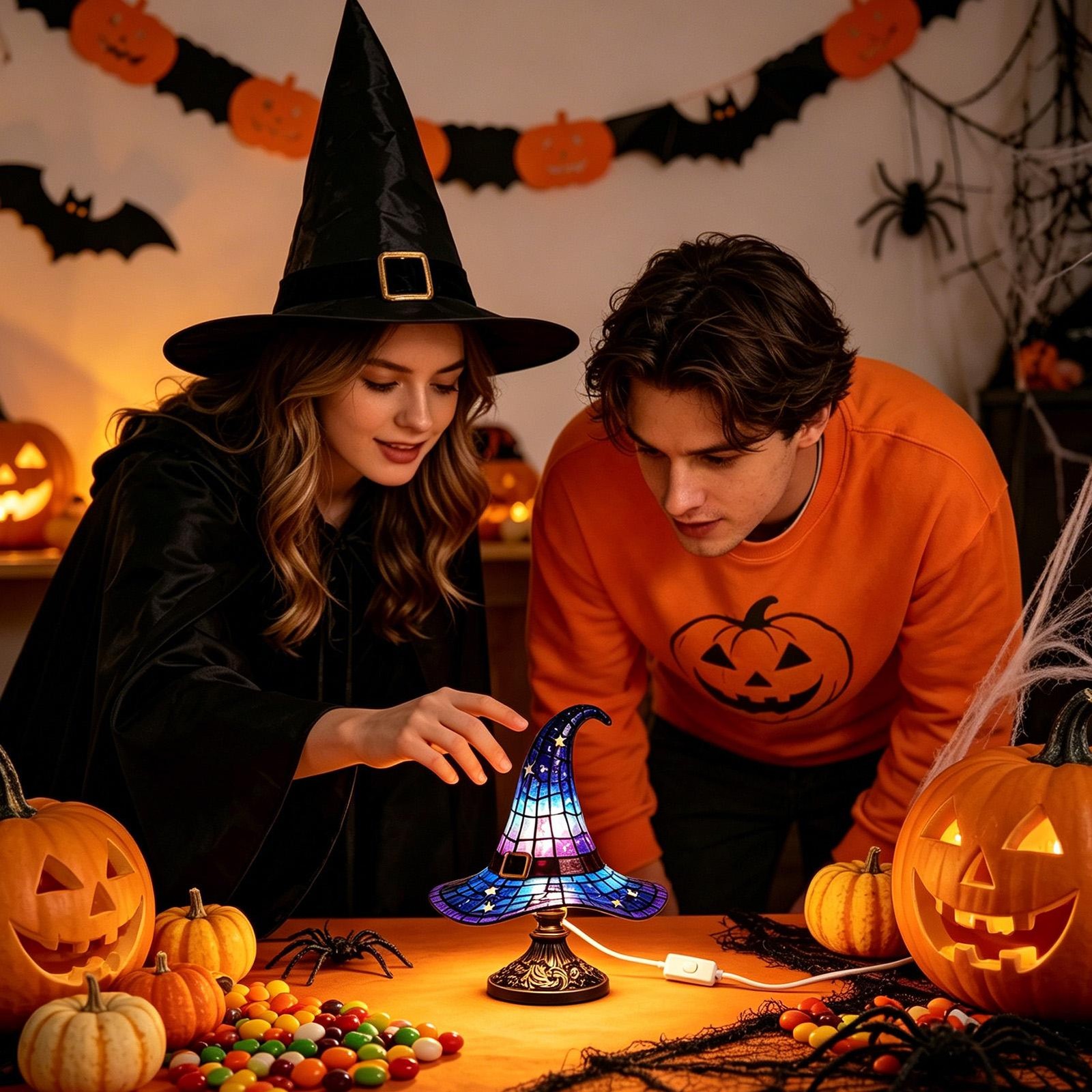 Stained Resin Witch Hat Lamp,USB Powered Gothic Wizard Hats Night Light