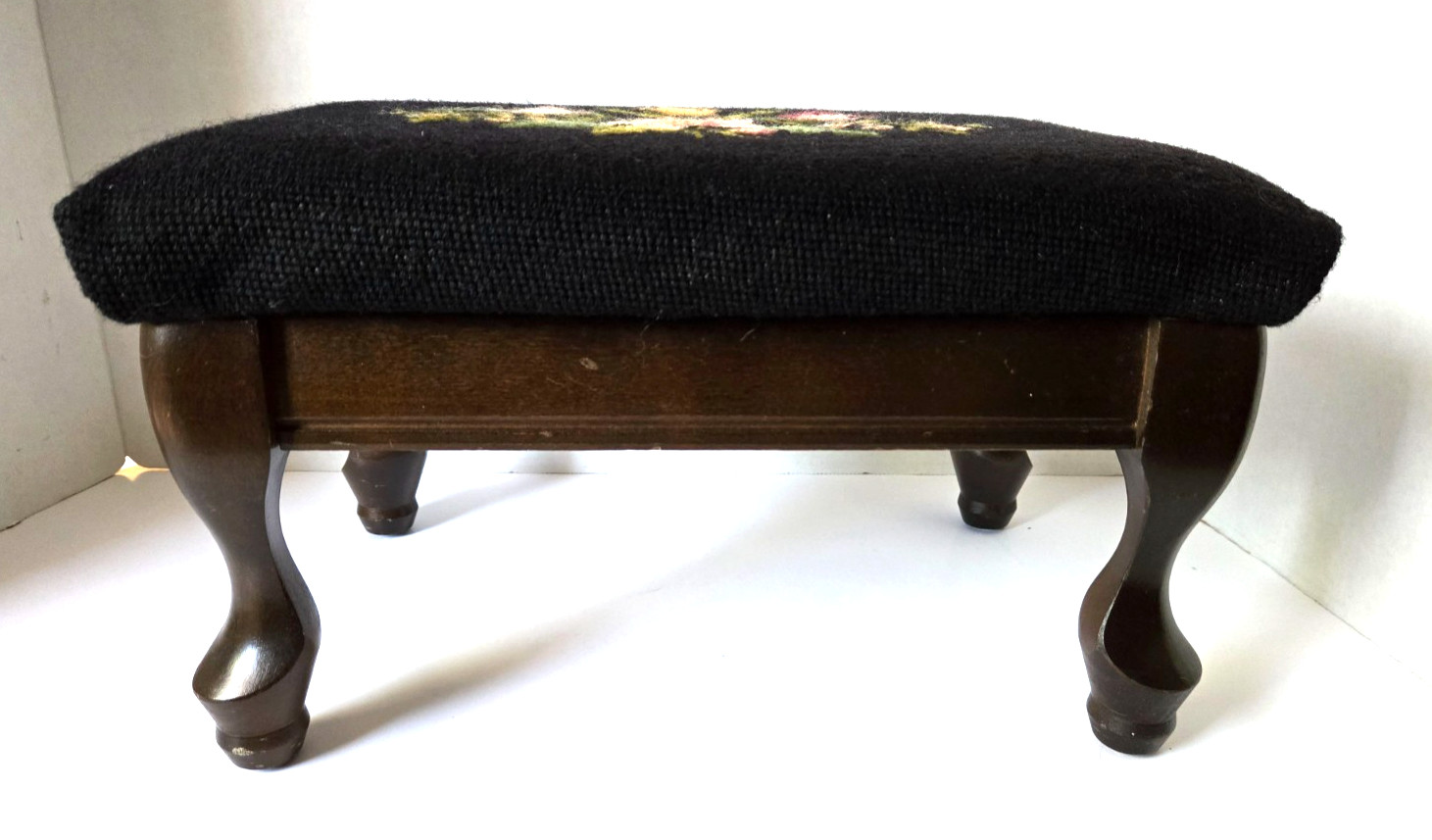 Vtg Floral Needlepoint Footstool Wool Rectangular Victorian Flowers Black 14.5”