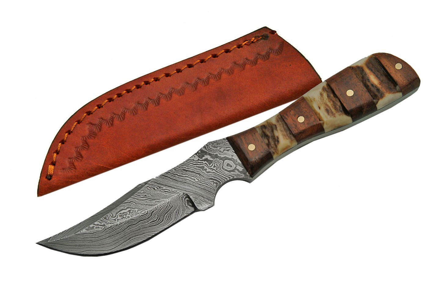 FIXED-BLADE HUNTING KNIFE | 6.25" Mini Damascus Steel Blade Wood + Stag Handle