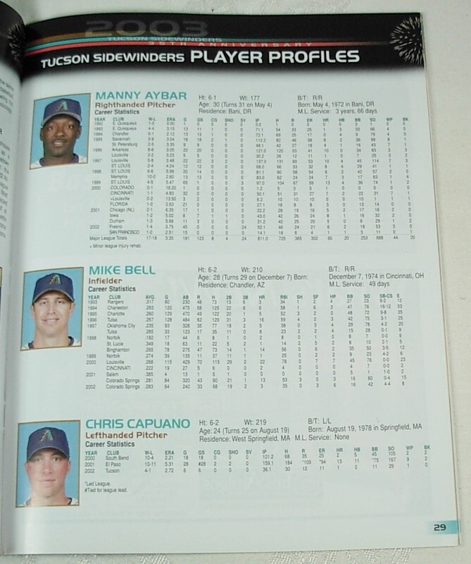 TUCSON SIDEWINDERS ARIZONA DIAMONDBACKS 2003 BASEBALL PROGRAM CHRIS CAPUANO