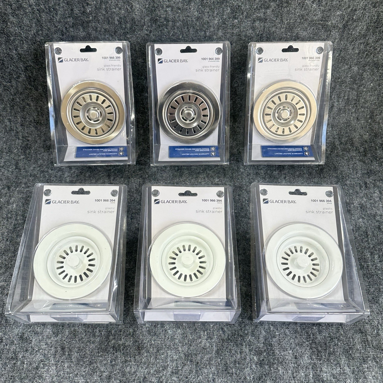 Lot of 3 Glacier Bay Stainless Steel Sink Strainer 7043-106SS +3 White Strainers