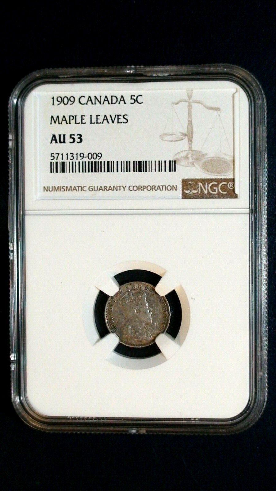 1909 Canada Five Cents NGC AU53  MAPLE LEAVES SILVER 5C Coin PRICED TO SELL!