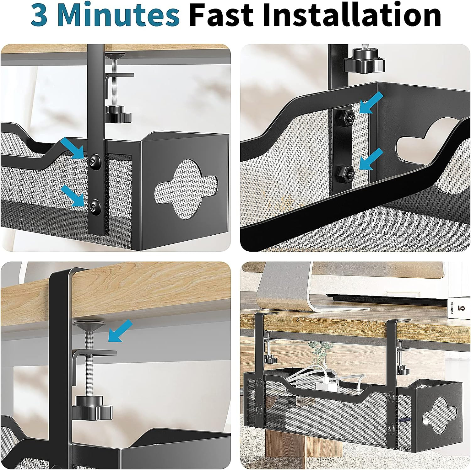 Under Desk Cable Management Tray No Drill, Metal Mesh Cable Management under Des
