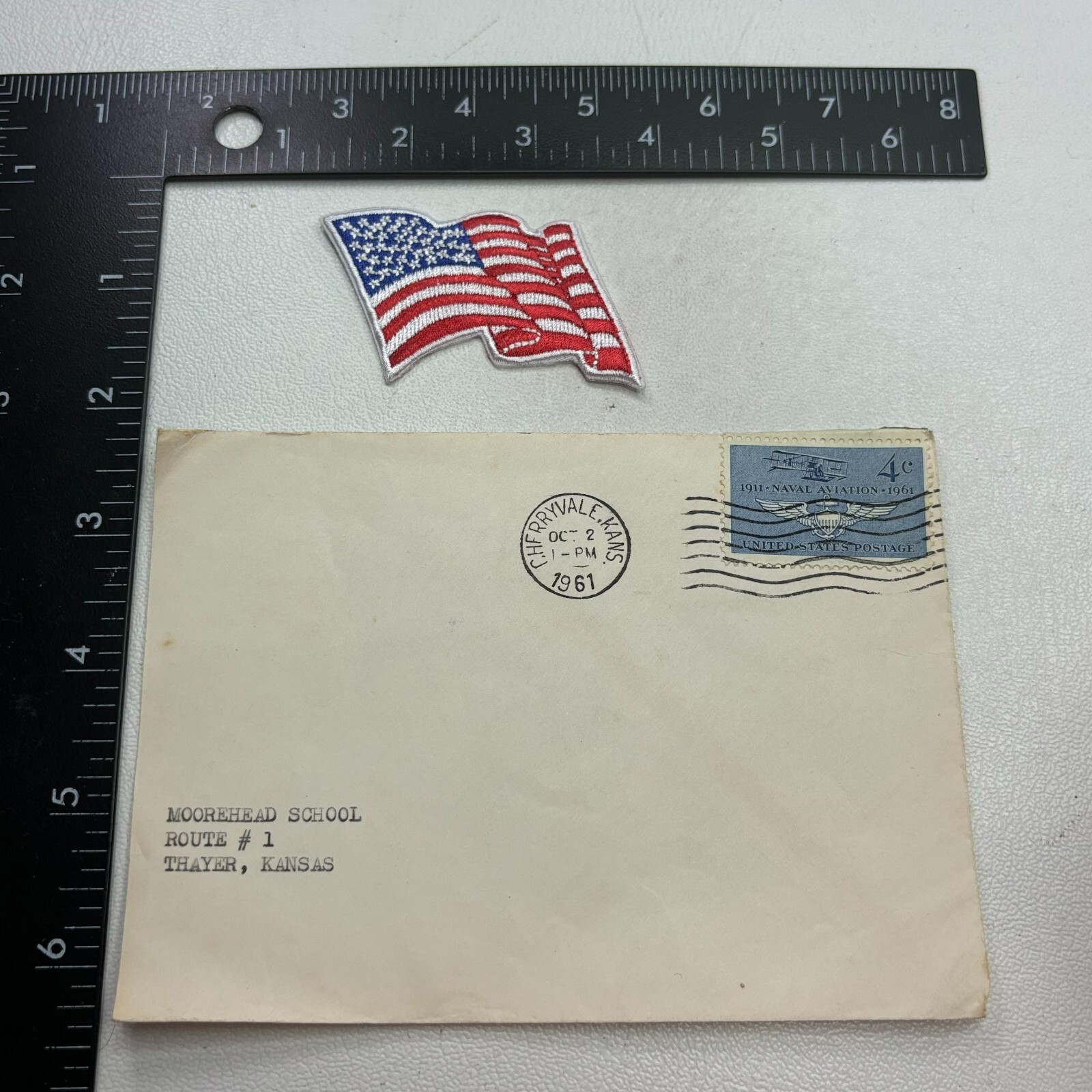 FLAG PATCH + 1 1961 CHERRYVALE KS POSTMARK 4¢ NAVY NAVAL AVIATION Stamp 49TZ
