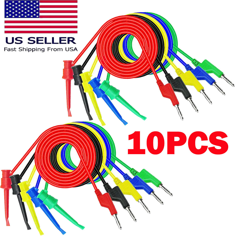 10X 4mm Stackable Banana Plug To Test Hook Clip Test Leads Mini Grabber Cables