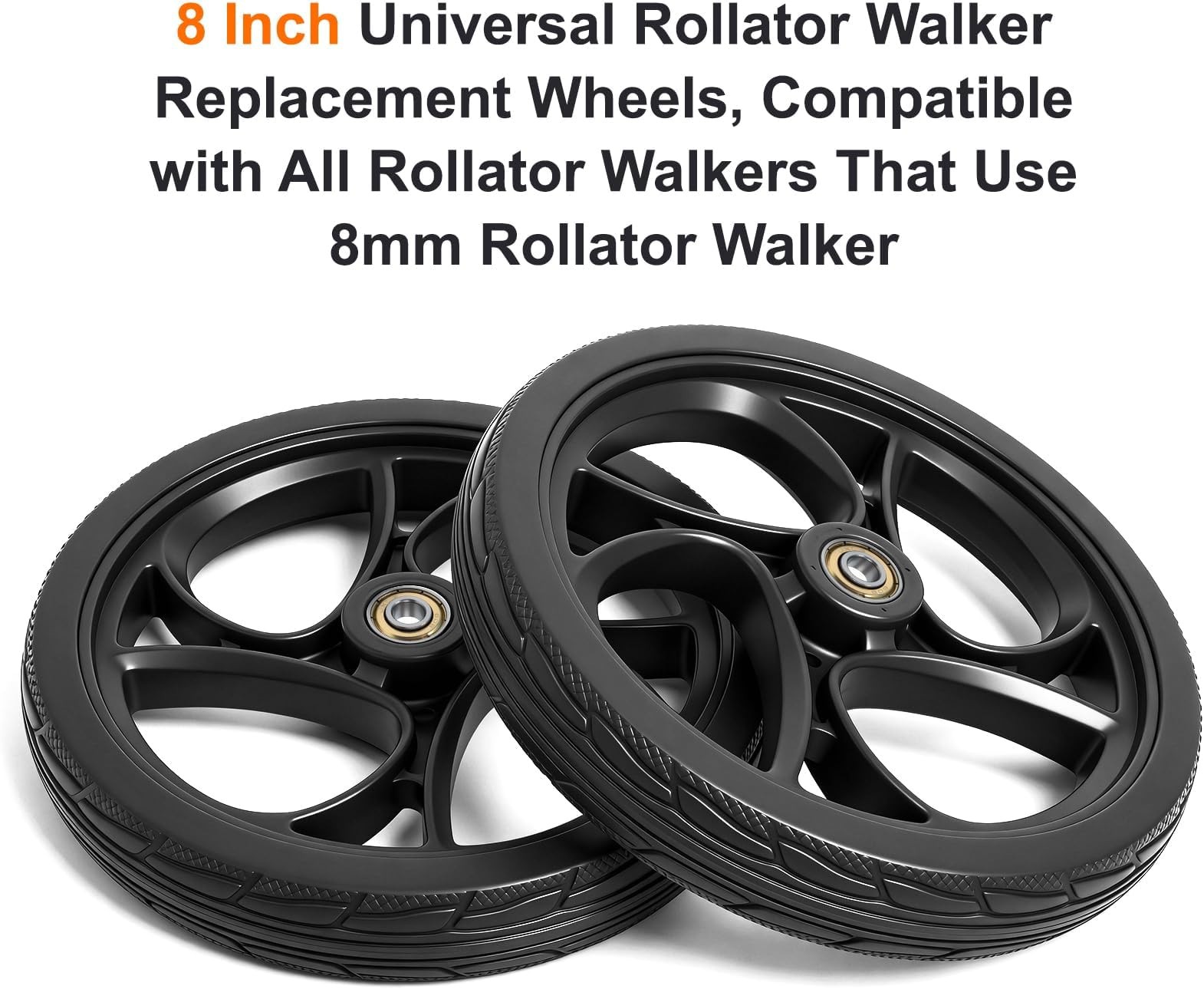 BlessReach 2PCS 8 Inch Walker Wheel, 5/16" (8 mm) Bearing Solid Replacement W...