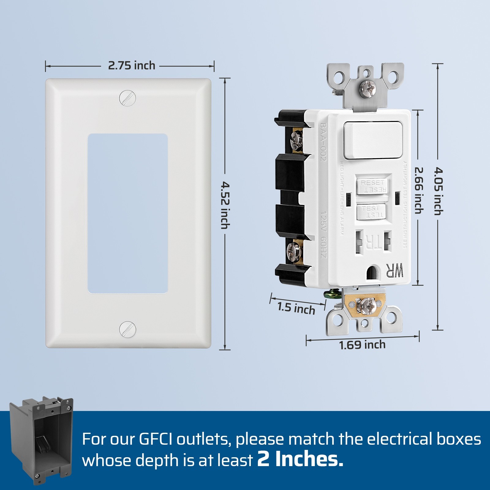 2 Pack GFCI Switch Outlet Combo 15A Self-Test LED Indicator Tamper Weather White