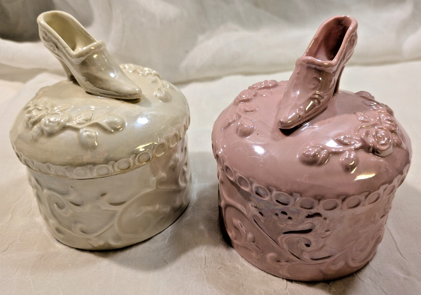 Pearl Finish Porcelain Trinket Boxes High Heel Shoe w/ Floral Accents Set of 2