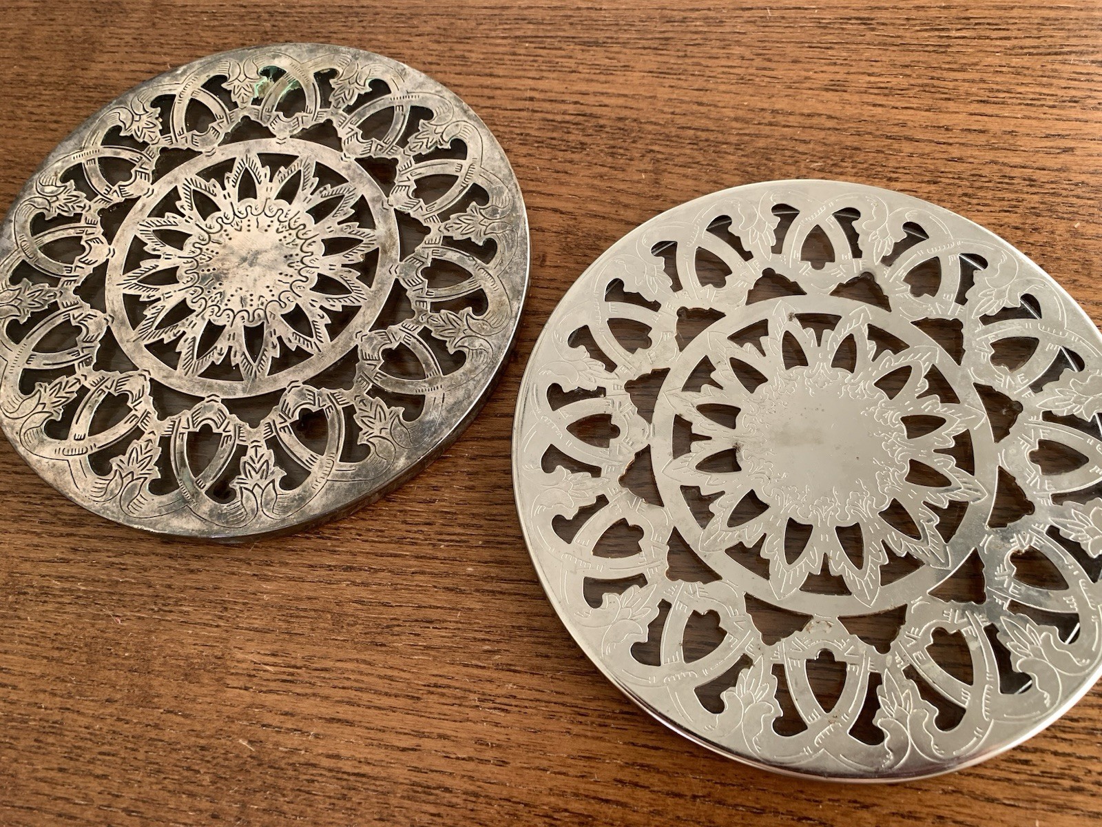 Two Pierced Metal & Glass Trivet Coaster Hot Plates (the Kiamond is Silverplate)