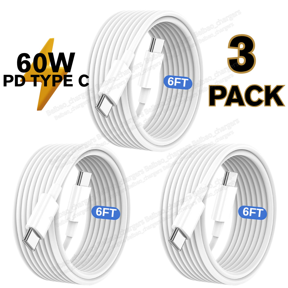 3Pack 6FT Type USB-C to USB-C Cable 60W Fast Charging PD Cord Rapid Charger Lot