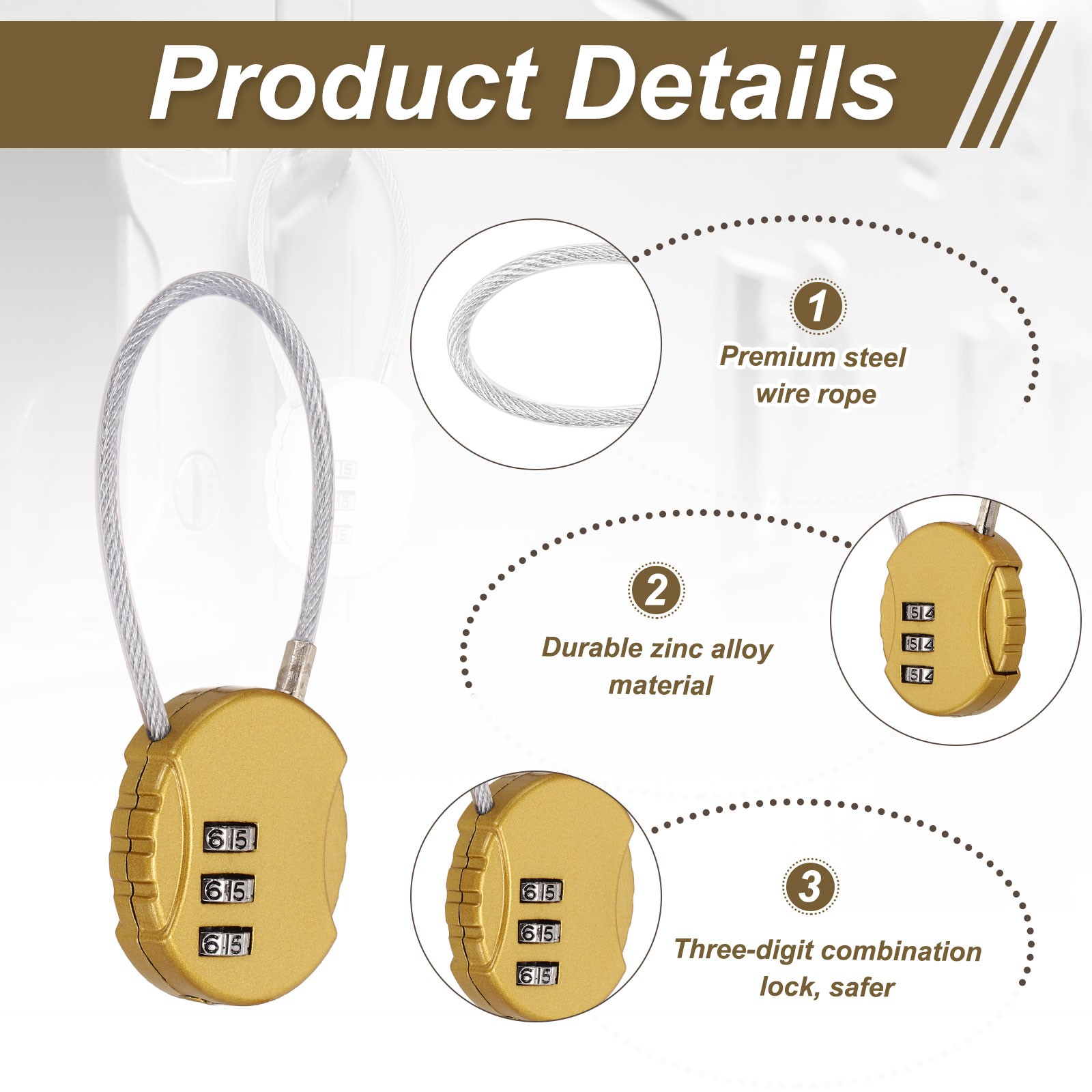 2-Pack Combination Padlock, 3 Digit Round Shaped Cable Luggage Lock [Gold]