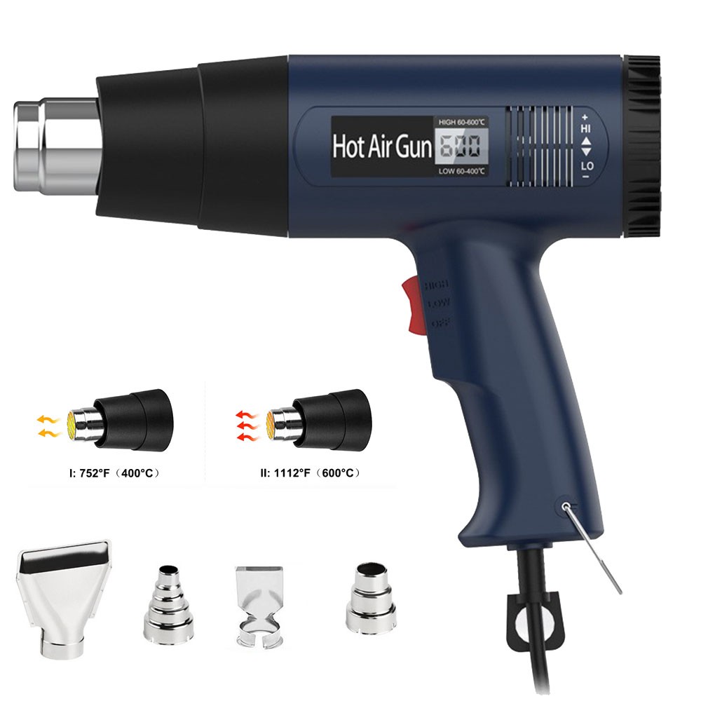 Heat Gun Electric Hot Air Gun Dual Temperature with LCD Display & 4 Nozzles Tool