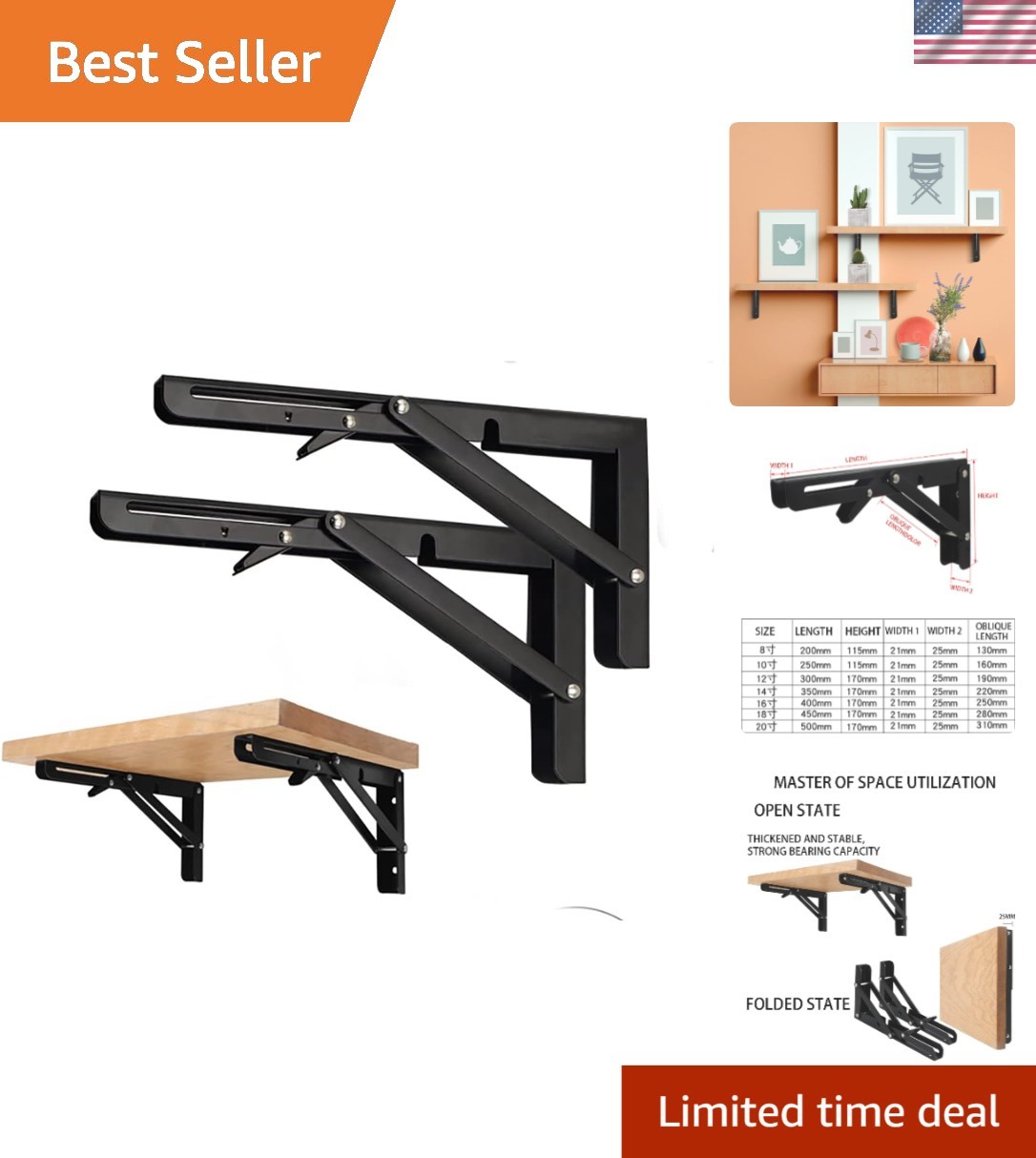 Space-Saving Alloy Steel Folding Shelf Brackets - 6 Inch, 2 Count, Max 220 lb