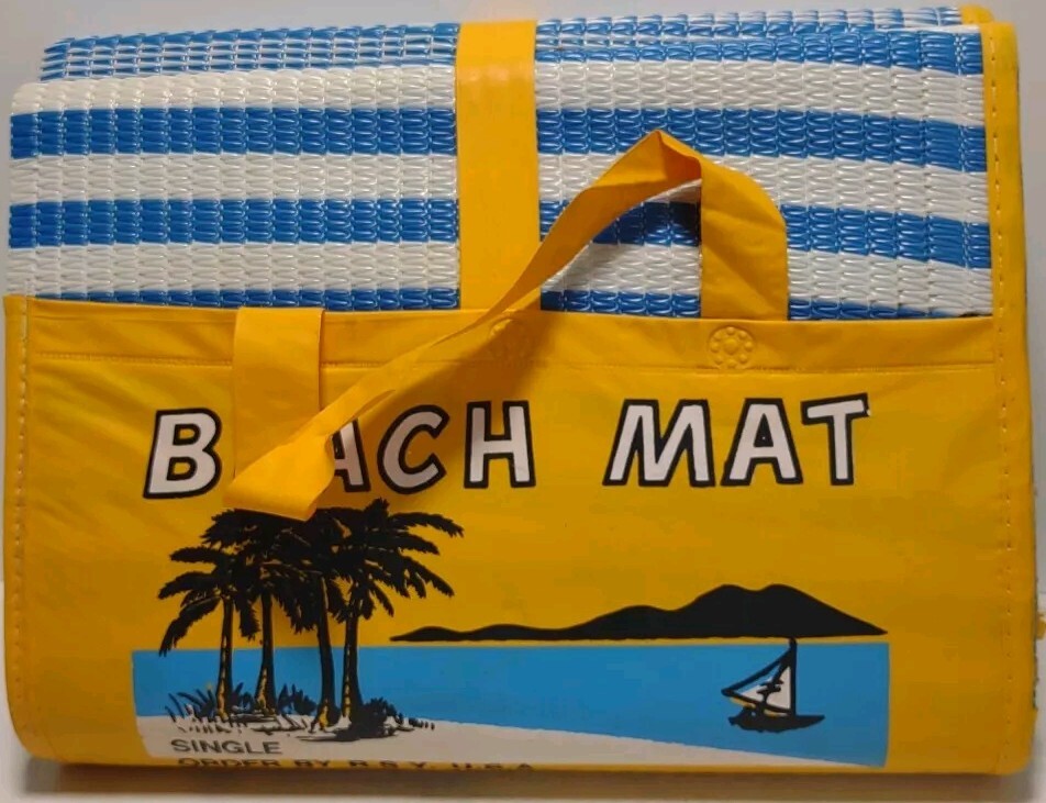 Vintage Woven Plastic Beach Mat Foldable Carry Tote Blue White Yellow Single